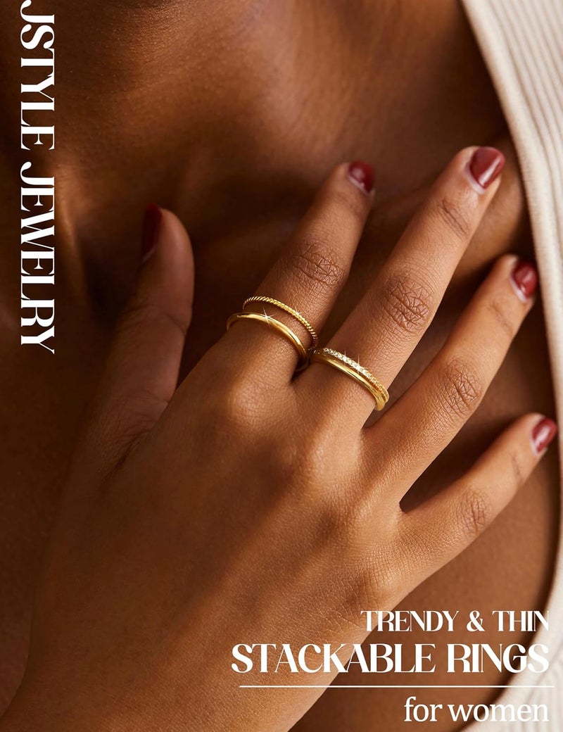 Jstyle Gold Stackable Rings for Women Non Tarnish Open Adjustable Rings Cubic Zirconia Thin Thumb Silver Ring Set 14K Gold Filled Pinky Knuckle Stacking Set - Dainty Statement Promise Band Ring Sets - Image 3